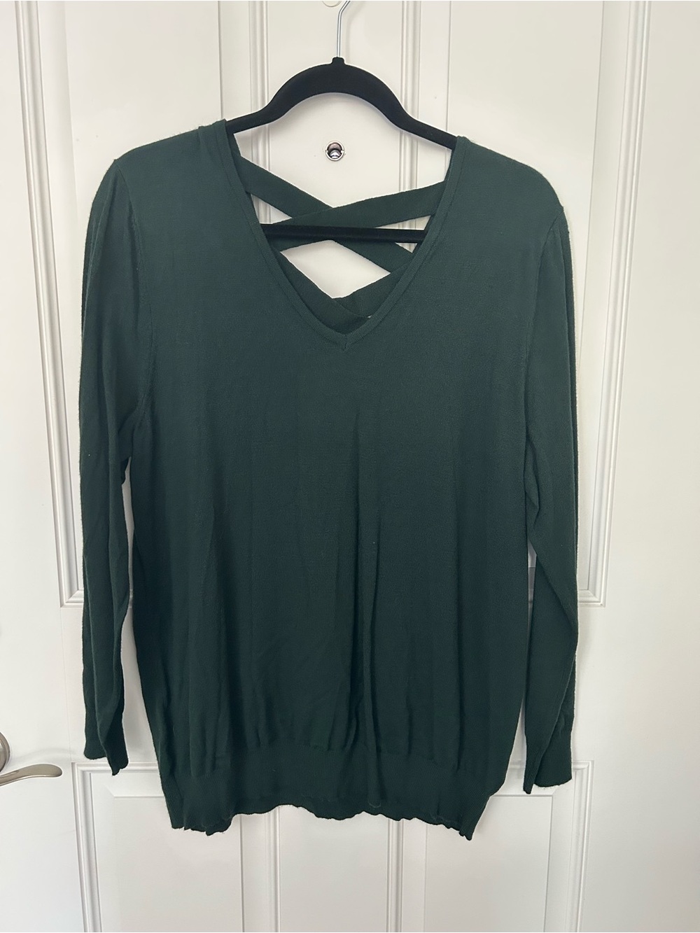Women’s Forest Green V-Neck Sweater with Crisscross Back
